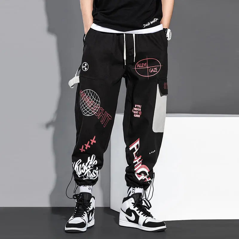 Streetwear Homens Corredores Calças de Moletom Imprimir Preto Branco Calças Cargo Techwear Harém Calças Tornozelo Comprimento Calças Esporte Casual Corrida