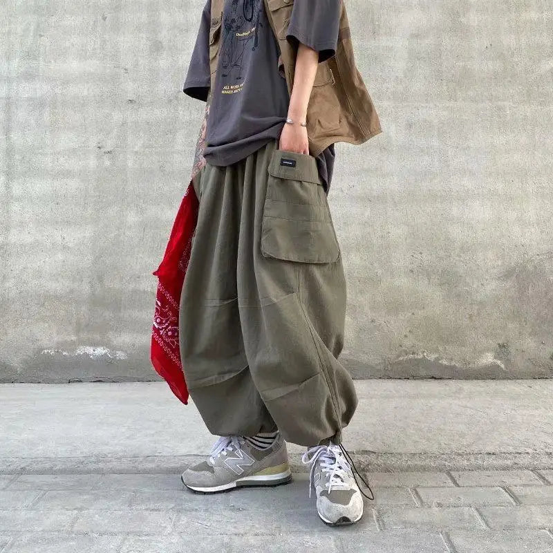 Calças Cargo Largas Y2k 100% Algodão Joggers Streetwear Tornozelo Comprimento Casual Harém Calças Longas Homens Perna Larga Tamanho Grande 2023 Novo