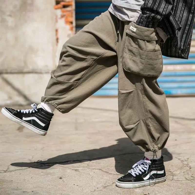 Calças Cargo Largas Y2k 100% Algodão Joggers Streetwear Tornozelo Comprimento Casual Harém Calças Longas Homens Perna Larga Tamanho Grande 2023 Novo