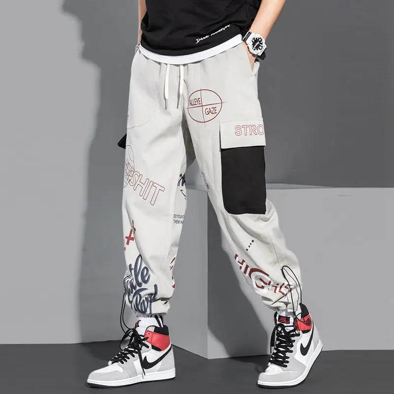 Streetwear Homens Corredores Calças de Moletom Imprimir Preto Branco Calças Cargo Techwear Harém Calças Tornozelo Comprimento Calças Esporte Casual Corrida