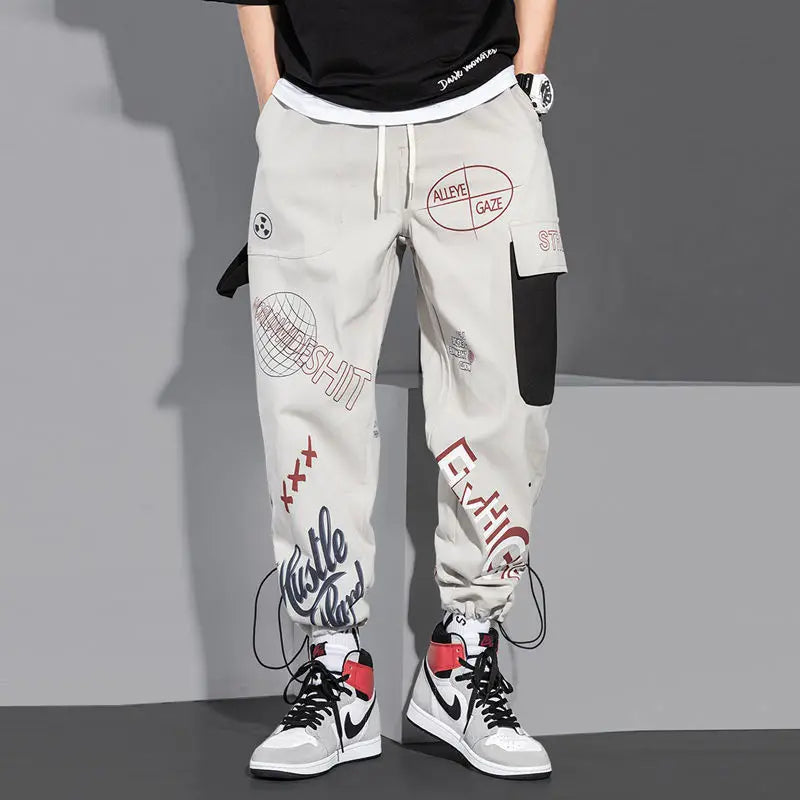 Streetwear Homens Corredores Calças de Moletom Imprimir Preto Branco Calças Cargo Techwear Harém Calças Tornozelo Comprimento Calças Esporte Casual Corrida