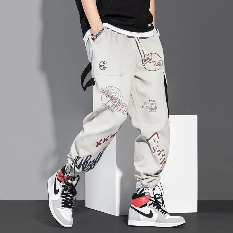 Streetwear Homens Corredores Calças de Moletom Imprimir Preto Branco Calças Cargo Techwear Harém Calças Tornozelo Comprimento Calças Esporte Casual Corrida
